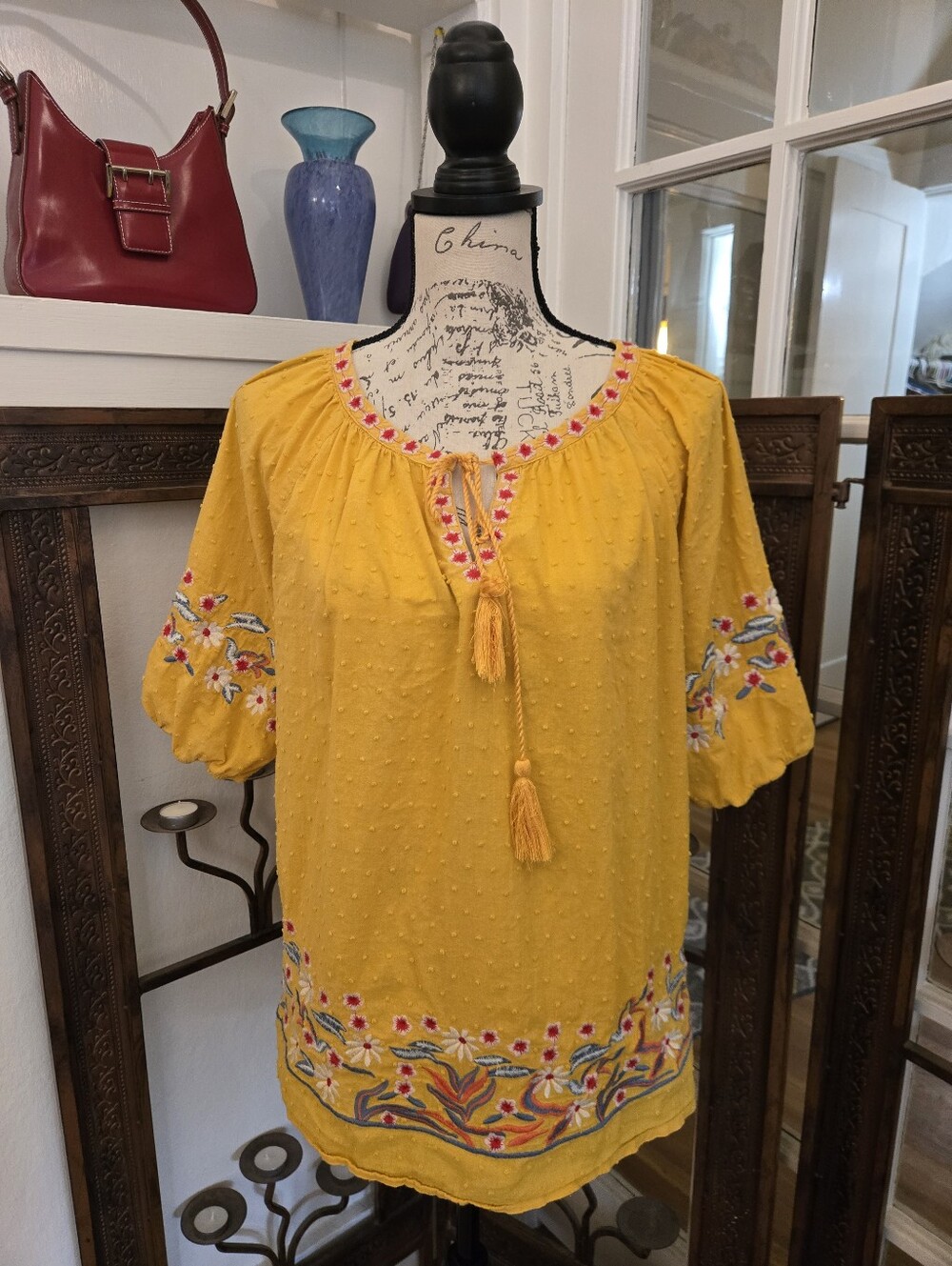 3 For $20: Solitaire Yellow Floral Embroidered Top, Sz L
